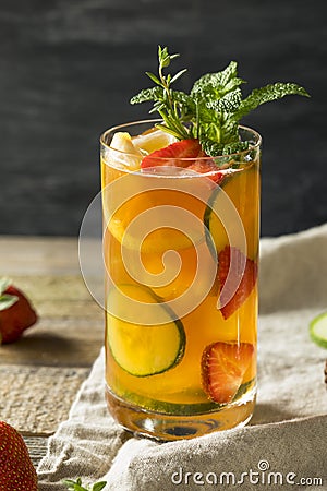 Sweet Refreshing Pimms Cup Cocktail with Fruit Stock Photo