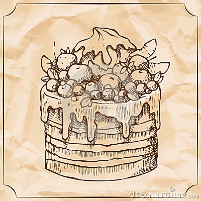 Sweet retro cake with fruit and berries. Treat for the birthday. Vector hand drawn illustration. Vector Illustration