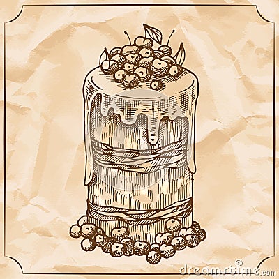 Sweet retro cake with fruit and berries. Treat for the birthday. Vector Illustration