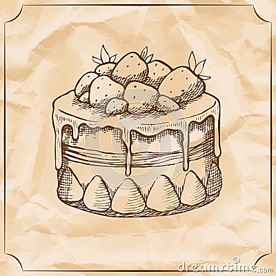 Sweet retro cake with strawberries. Treat for the birthday. Vector Illustration