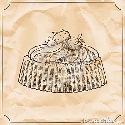 Sweet retro cake with strawberries and wipped cream. Treat for the birthday. Vector Illustration