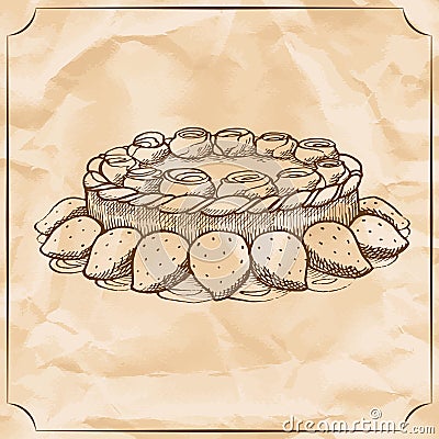 Sweet retro cake with whipped cream and berries. Treat for the birthday. Vector Illustration