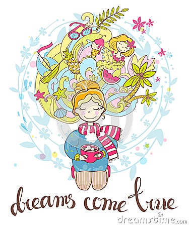 A sweet rosy dreaming girl sits on her knees with a cup of drink Vector Illustration