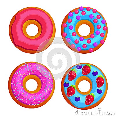 Sweet round doughnuts flat vector illustration set Vector Illustration