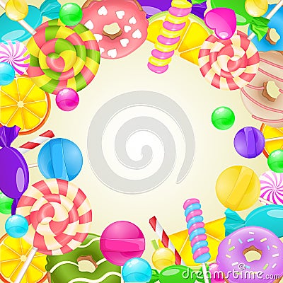 Sweet round frame. Different candies and sweets colorful background. Lollipop, candy, marmalade, candy cane, orange, lemon and do Vector Illustration