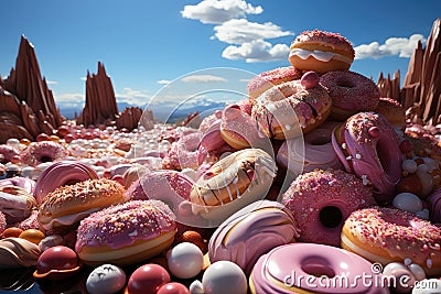 A sweet scenario: floating donuts in an enchanted world., generative IA Stock Photo