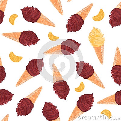 Sweet seamless pattern with chocolate and vanilla ice cream cones and tangerine slice Vector Illustration