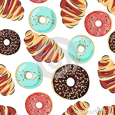 Sweet seamless pattern with croissant and donuts. Vector background for cafe, food design and packaging. Vector Illustration