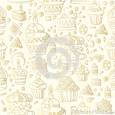 Sweet seamless pattern with cupcakes, cakes, cookies, candies and hearts in golden colors. Tasty food Vector Illustration