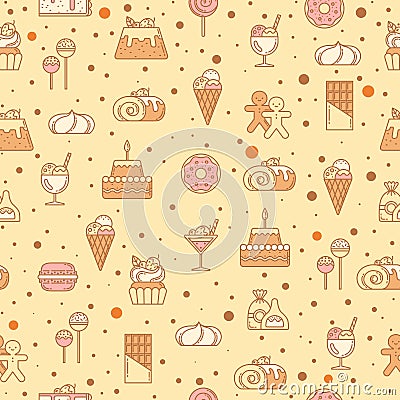 Sweet seamless pattern with cupcakes, candy, lollipop and other bakery foods. Vector illustration Vector Illustration