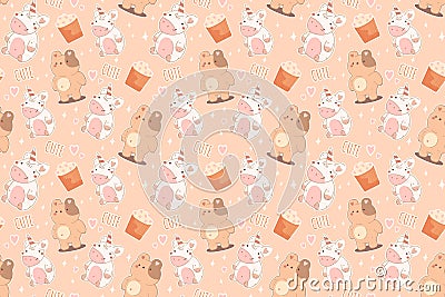 Sweet seamless pattern.Cute teddy bear,cupcake,unicorn.Kawaii background for print,bakery,packaging Vector Illustration