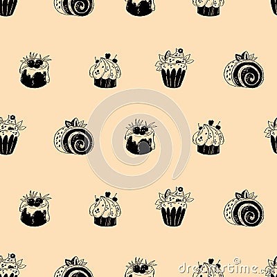 Sweet seamless pattern. Delicious food, cupcake, roll, cakes berries and creamy dessert on light background. Vector Vector Illustration