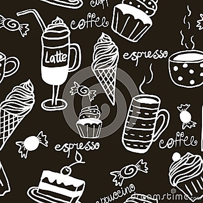 Sweet seamless pattern with drinks and sweets Vector Illustration