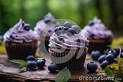 Sweet and Selfless: Blueberry Cupcakes on a Tree Stump with Lila Stock Photo
