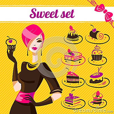 Sweet set, cakes icons Vector Illustration