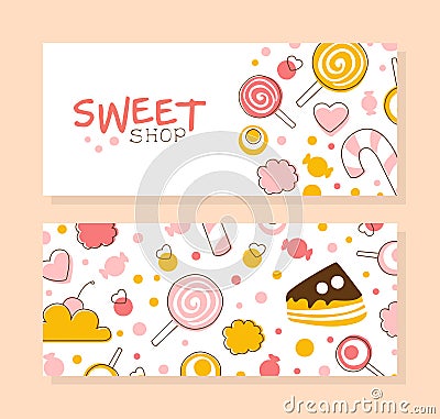 Sweet Shop Banner Templates Set, Banner, Tasty Desserts Menu, Candy Shop, Bakery Poster, Flyer, Brochure Design Vector Vector Illustration