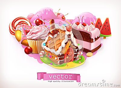 Sweet shop. Confectionery and desserts, gingerbread house, cake, cupcake, candy. Vector illustration Vector Illustration