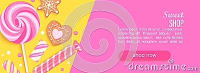 Sweet shop horizontal banner with sweets, cookies. Vector Illustration