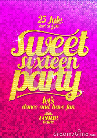 Sweet sixteen party fashion pink poster with gold letters. Vector Illustration