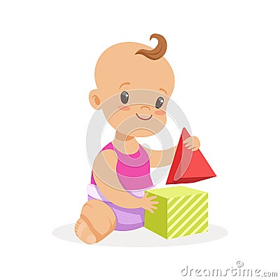 Sweet smiling baby sitting and playing with toy cubes, colorful cartoon character vector Illustration Vector Illustration