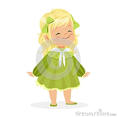 Sweet smiling little girl dressed in green dress and bows colorful cartoon character vector Illustration Vector Illustration