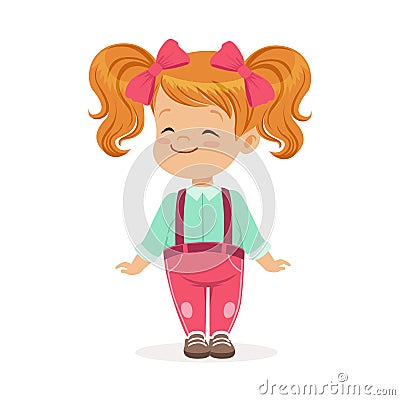 Sweet smiling little redhead girl in casual clothes with pink bows on her head, colorful cartoon character vector Vector Illustration