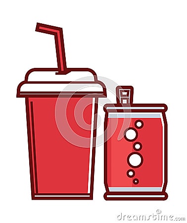 Sweet soda in can and paper cup with straw Vector Illustration