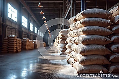 Sweet storage bags of sugar in a well stocked warehouse Stock Photo