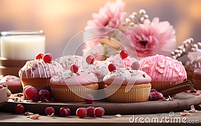 sweet strawberry pancake and cupcakes with cherry candy topping cream. Homemade bakery with dessert and food Stock Photo