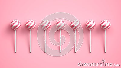 Sweet striped pink and white lollipops arranged in row on bright pink background Stock Photo