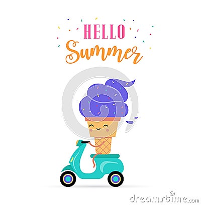 Sweet summer - cute ice cream character makes fun Vector Illustration