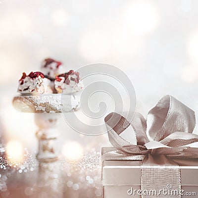 Sweet surprise on a silver bokeh background Stock Photo