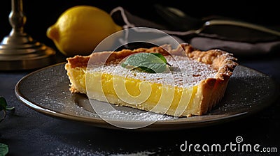 A sweet and tangy lemon tart with a crisp pastry crust created with Generative AI Stock Photo