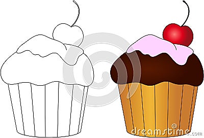 Sweet and tasty cake with cherry. Coloring book for kids about f Vector Illustration