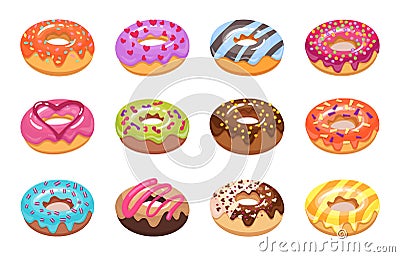 Sweet tasty donut set isolated on white background.Colorful pastries rich toppings and flavor in 3 d. Strawberry Vector Illustration