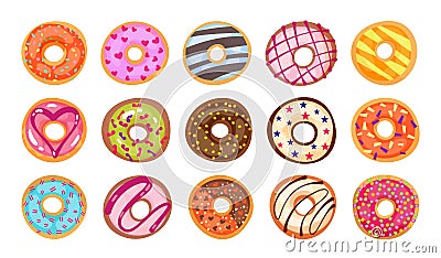 Sweet tasty donut set isolated on white background.Colorful pastries rich toppings and flavor in 3 d. Strawberry Vector Illustration