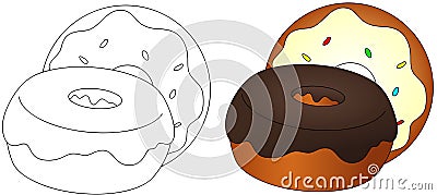 Sweet and tasty donuts with glaze. Coloring book for kids about Vector Illustration