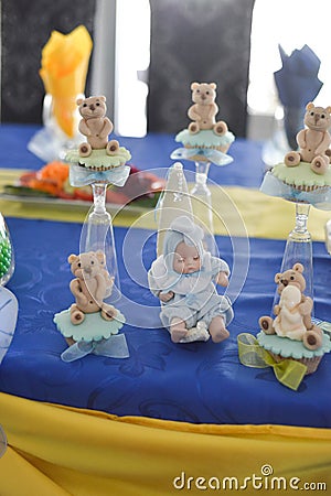 Sweet teddy bears and baby birthday party Stock Photo