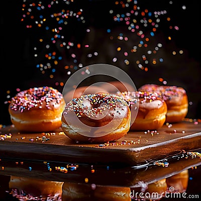 Sweet temptation Dark backdrop complements delicious donuts, ideal for text Stock Photo