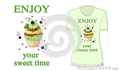 Sweet time with cupcake and black currant, mockup Vector Illustration