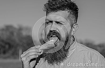 Sweet tooth concept. Bearded man with ice cream cone. Man with long beard licks ice cream. Man with beard and mustache Stock Photo