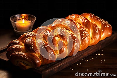 Sweet traditional braided bread with crispy brown crust and sesame on wooden background Stock Photo