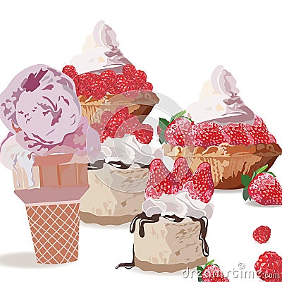 Sweet treats delicious ice cream and cakes Vector Illustration