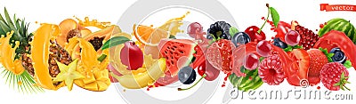 Sweet tropical fruits and mixed berries. Splash of juice. Watermelon, banana, pineapple, strawberry, orange, mango, blueberry, Vector Illustration