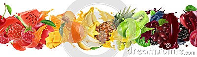 Sweet tropical fruits and mixed berries. Splash of juice. Watermelon, banana, pineapple, strawberry, orange, mango, lime, Vector Illustration