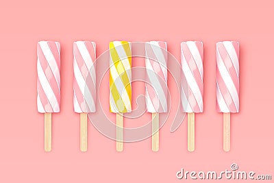 Sweet twisted marshmallow or ice cream on wooden stick isolated on pink glamour background Stock Photo