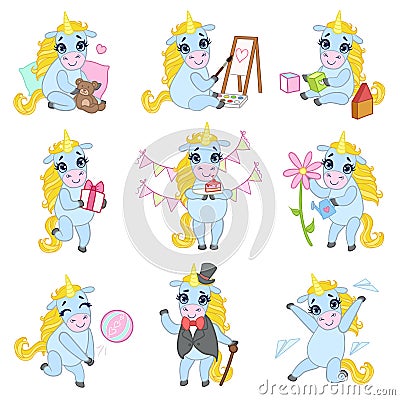 Sweet Unicorn Cartoon Set Vector Illustration