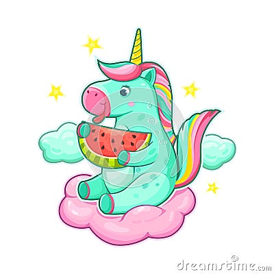 Sweet unicorn with watermelon Vector Illustration