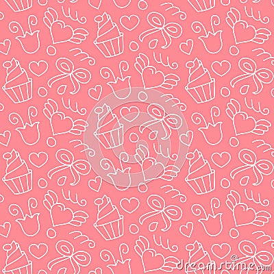 Sweet vector seamless pattern with hearts, cupcakes, flowers, bows. Cute hand drawn background. Endless texture. Vector Illustration