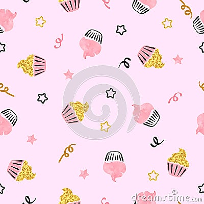 Sweet watercolor and glittering cupcakes seamless pattern. Vector Illustration